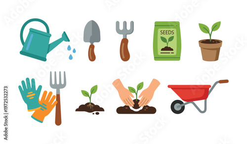 Vector icon set of gardening tools for planting and farming. Includes shovel, seeds, plant sprout, and watering can. Ideal for agriculture or ecology design.