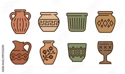 Collection of ancient pottery icons. Ceramic vases, amphora, and jugs with historical ornaments. Flat vector illustration for culture, history, or museum design.