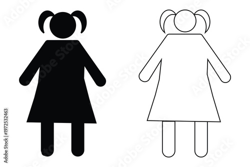 Minimalist girl icon set, black silhouette and outline vector of a young female child with pigtails, simple human figure symbols for signage