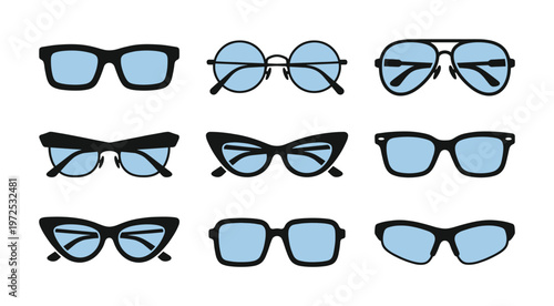 Set of various sunglasses vector icons. Collection of retro and modern fashion eyeglasses. Eyewear accessory for summer, travel, and style design concepts.
