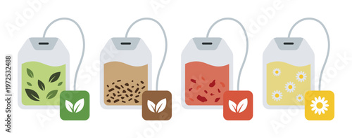 A vector set of four tea bags: green, black, fruit, and chamomile. This flat design illustration shows a variety of herbal infusions for menus or packaging.