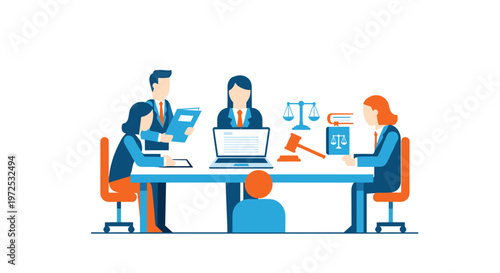 Professional legal consultants engage in a formal meeting around a large blue conference table featuring a wooden gavel and golden scales of justice icons for business.