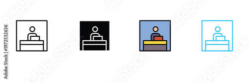 Receptionist at Information Desk Icon for Customer Service, Hotel Check-in, and Office Counter Symbol. Symbol Vector Illustration.