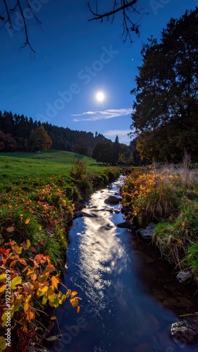 Serene Moonlit Stream Flowing Through Autumn Landscape at Night