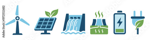 Vector icon set of renewable energy sources for green power concepts. Includes solar, wind, water, geothermal, battery and plug symbols for clean electricity.