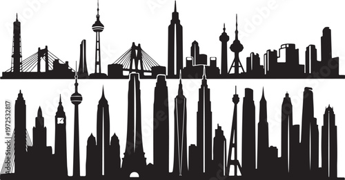 City Skyline Silhouette with Famous Landmarks and Towers