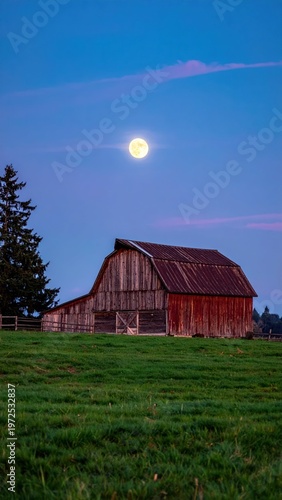 Serene Barn Landscape Under Bright Full Moon at Dusk