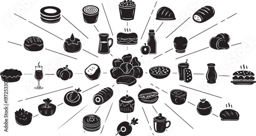 Variety of Desserts and Drinks Illustrated in Black