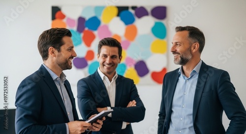 Blurry 'Bokeh' effect of a colorful abstract gallery wall in a modern office - Commercial Stock Photo with Copy Space