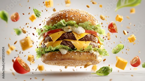 A juicy double cheeseburger with lettuce, tomato, and cheese flying through the air