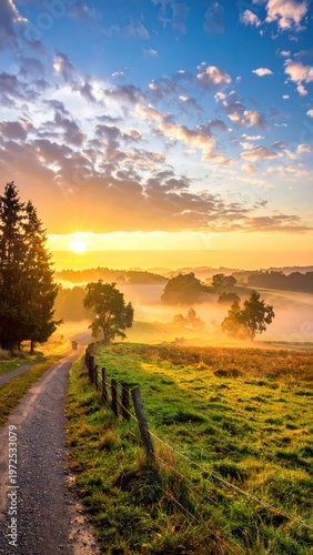 Serene Sunrise Over Foggy Landscape with Meadow and Pathway