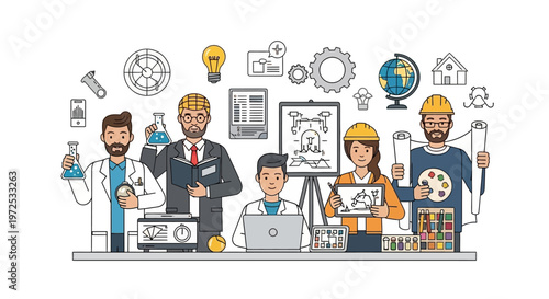 Diverse group of professionals working together in a creative workspace with various tools and equipment