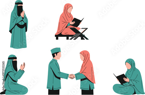 Muslim People Activities Vector Set with Prayer, Reading Quran, Greeting and Islamic Lifestyle Scenes for Religion, Culture and Spiritual Illustration Design