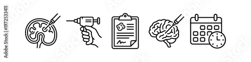 Neurosurgery Icon Set featuring Brain Biopsy, Surgical Drill, Medical Clipboard Report, Brain Procedure, and Appointment Scheduling Calendar for Neurology Healthcare and Medical Services
