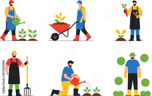Gardening People Vector Set with Farmers Planting, Watering, Carrying Wheelbarrow and Harvesting Vegetables for Agriculture, Farming and Outdoor Work Illustration
