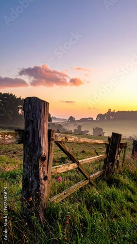 Serene Sunrise Over a Rustic Fence in a Tranquil countryside Setting