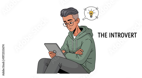 cartoon man sitting with tablet introvert personality type