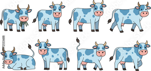 Cute Cow Cartoon Characters Set with Different Poses and Expressions for Farm Animal Illustration, Kids Design, Agriculture Theme and Livestock Collection