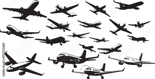 Collection of airplanes and helicopters in flight
