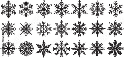 Collection of various black snowflakes on white background