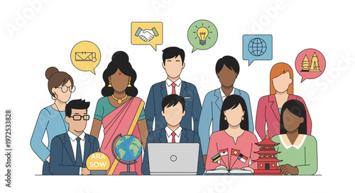 Diverse group of people from different cultures collaborating globally