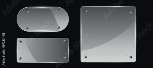 Glass plates with metallic fasteners on dark grid background vector.