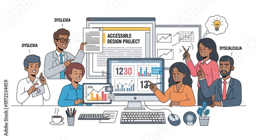 Diverse team working on accessible design project for people with dyslexia and dyscalculia