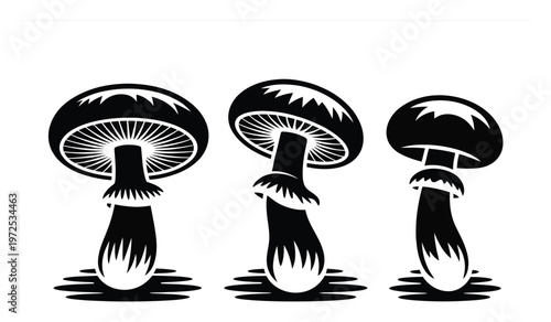 Black and White Silhouette of Three Mushrooms with Detailed Gills