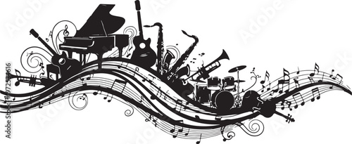 Musical Instruments and Notes in Black and White