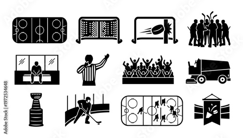 Photography Ice Hockey Game and Arena Silhouette Icon Set – Rink, Goal, Referee, Crowd and M