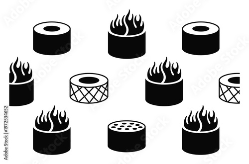 Black and White Sushi with Flames and Patterns