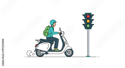 A focused delivery courier wearing a protective teal helmet and a large green backpack rides a white motor scooter past a glowing green signal in a clean vector style.