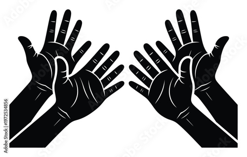 Black Silhouette of Four Hands Reaching Upwards on White Background