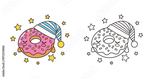 Cute Sleepy Donut Character wearing Nightcap and Stars Illustration for Coloring Book and Kids