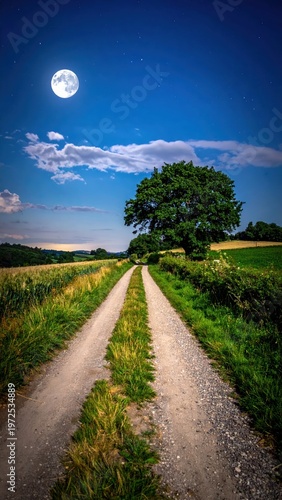 Serene Nightscape with Moon Over Grassy Path and Lone Tree