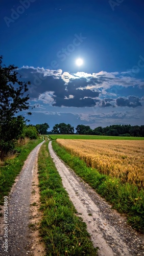 Moonlight Pathway Through Golden Fields Under Night Sky