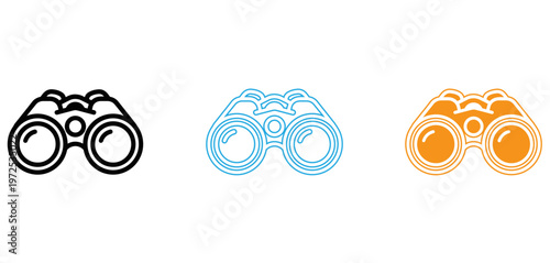 Three stylized binocular icons in different color variations isolated on transparent background, Vector