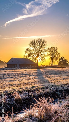 Frosty Morning Landscape with Sunrise Over Rural Farm and Field