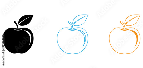 Three stylized apples with varying levels of detail and color fill isolated on transparent background, Vector
