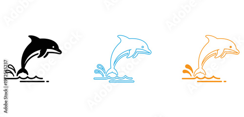 Three stylized illustrations of dolphins leaping out of water in different colors isolated on transparent background, Vector