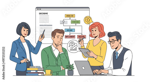 Business team brainstorming and analyzing data on laptop