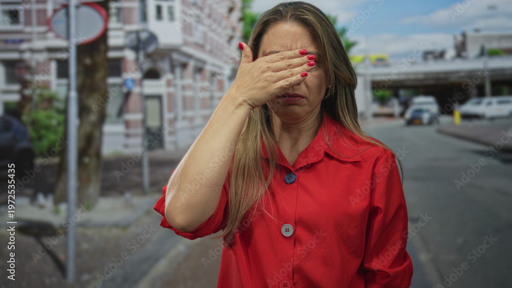 Fototapeta premium Woman shielding eyes with hand on urban street near brick building and parked cars while wearing red shirt; refusal.