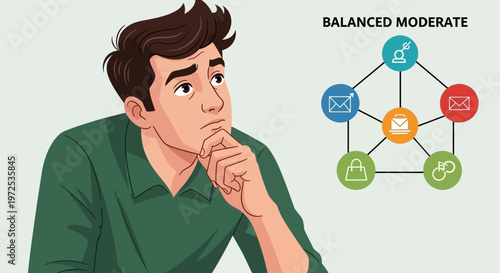man thinking about balanced moderate lifestyle with icons