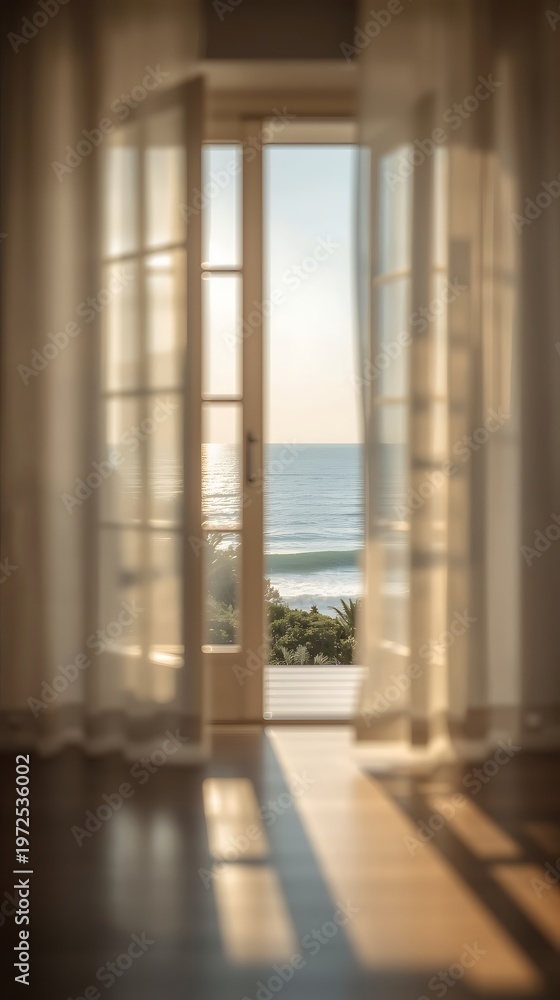 Fototapeta premium Generative Ai captures a tranquil ocean view through an open window with flowing curtains