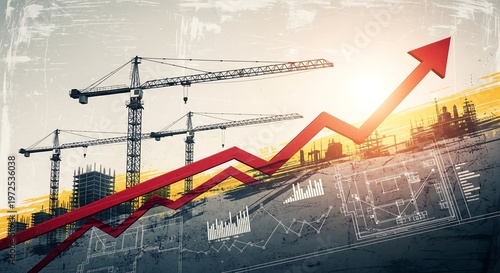 Rising red arrow over construction site with cranes at sunrise growth concept