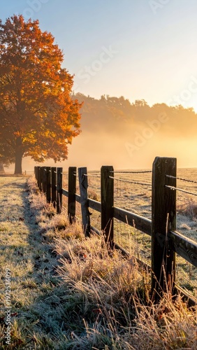 Misty Morning Scene with Autumn Tree and Wooden Fence in Sunrise