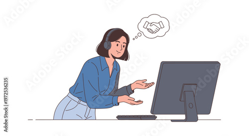 woman wearing headset working on computer with handshake thought