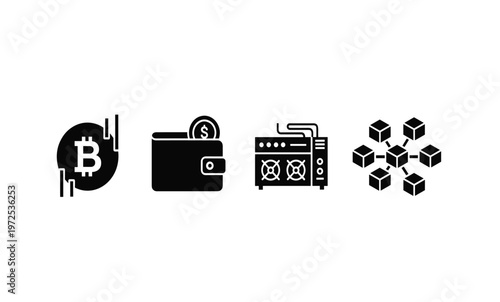 Cryptocurrency and blockchain technology symbols.