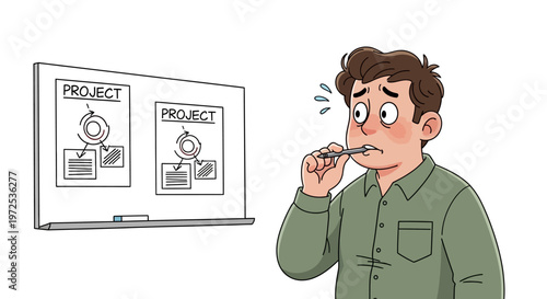 man thinking about project management on whiteboard