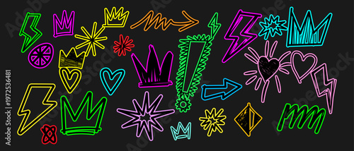  a set of different doodles colorful neon elements set on a black background